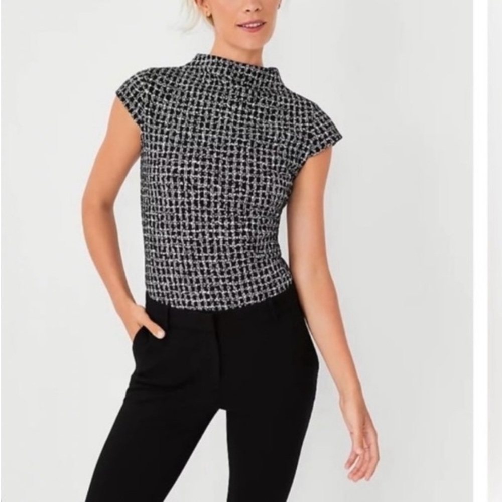 Ann Taylor Mock Neck Top | XXS | Plaid Black New!!